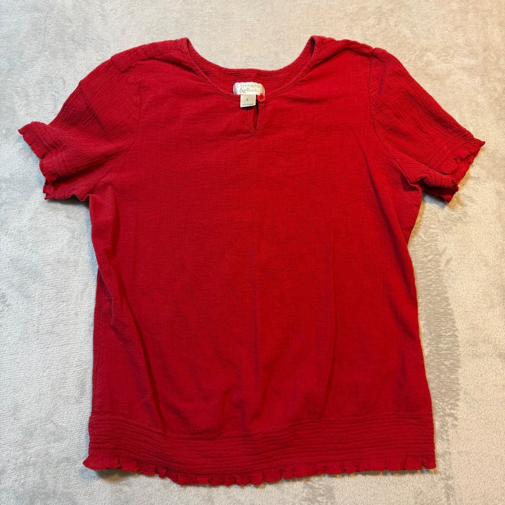 Red Textured 100% Cotton Keyhole Blouse Short Sleeve Smocked Hem Top L y2k fairy